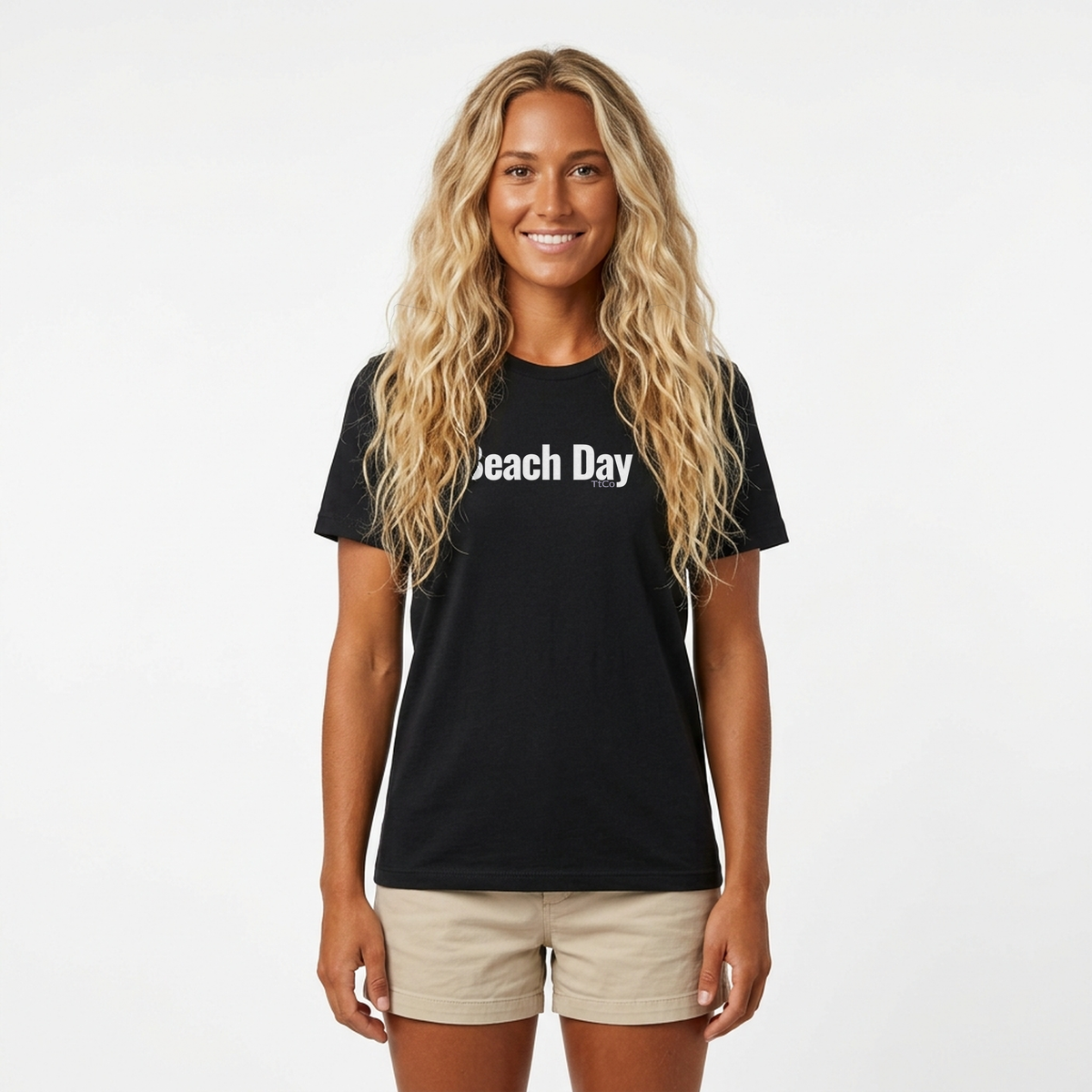 Anna wearing the Beach Day T-shirt from TtCo with the design centered on the front.