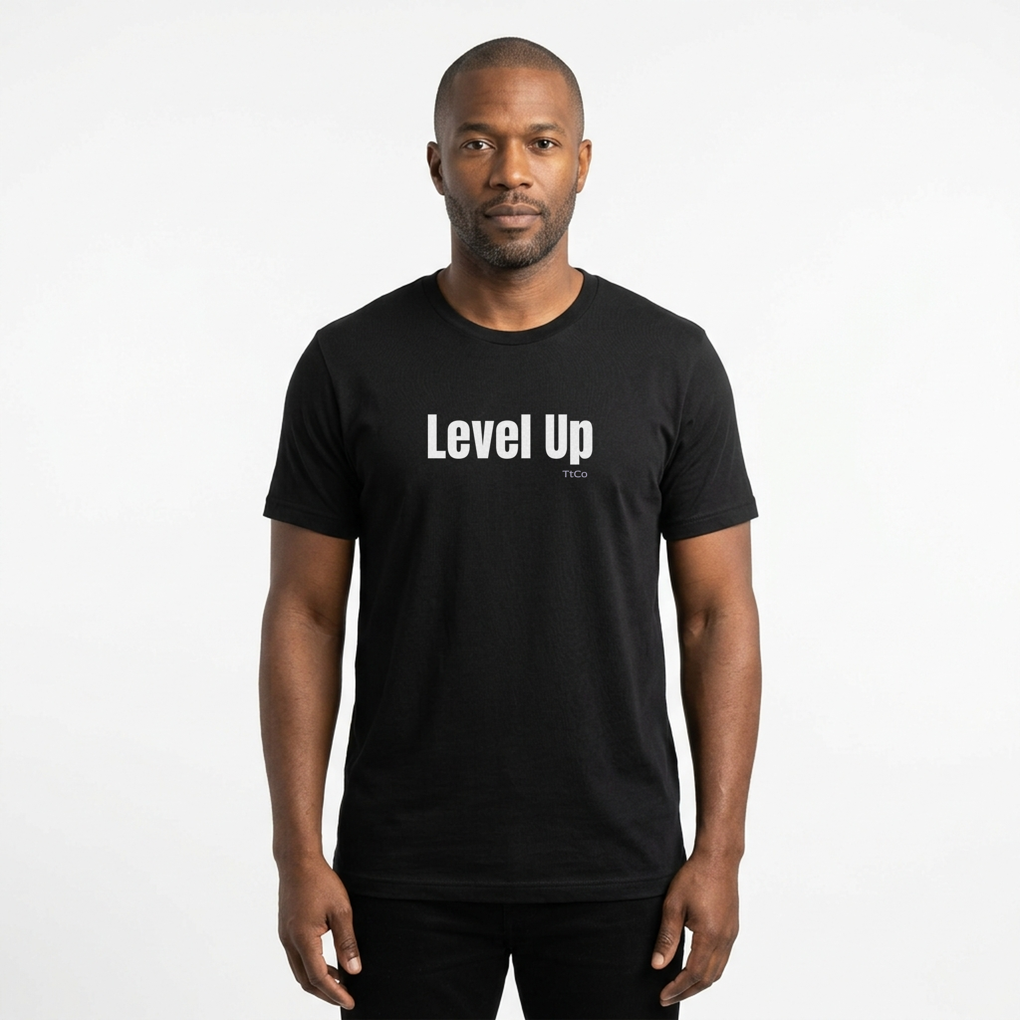 Darius wearing the Level Up T-shirt from TtCo with the design centered on the front.