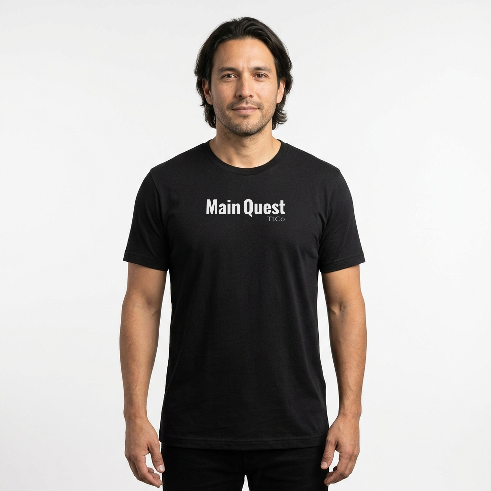 Diego wearing the Main Quest T-shirt from TtCo with the design centered on the front.