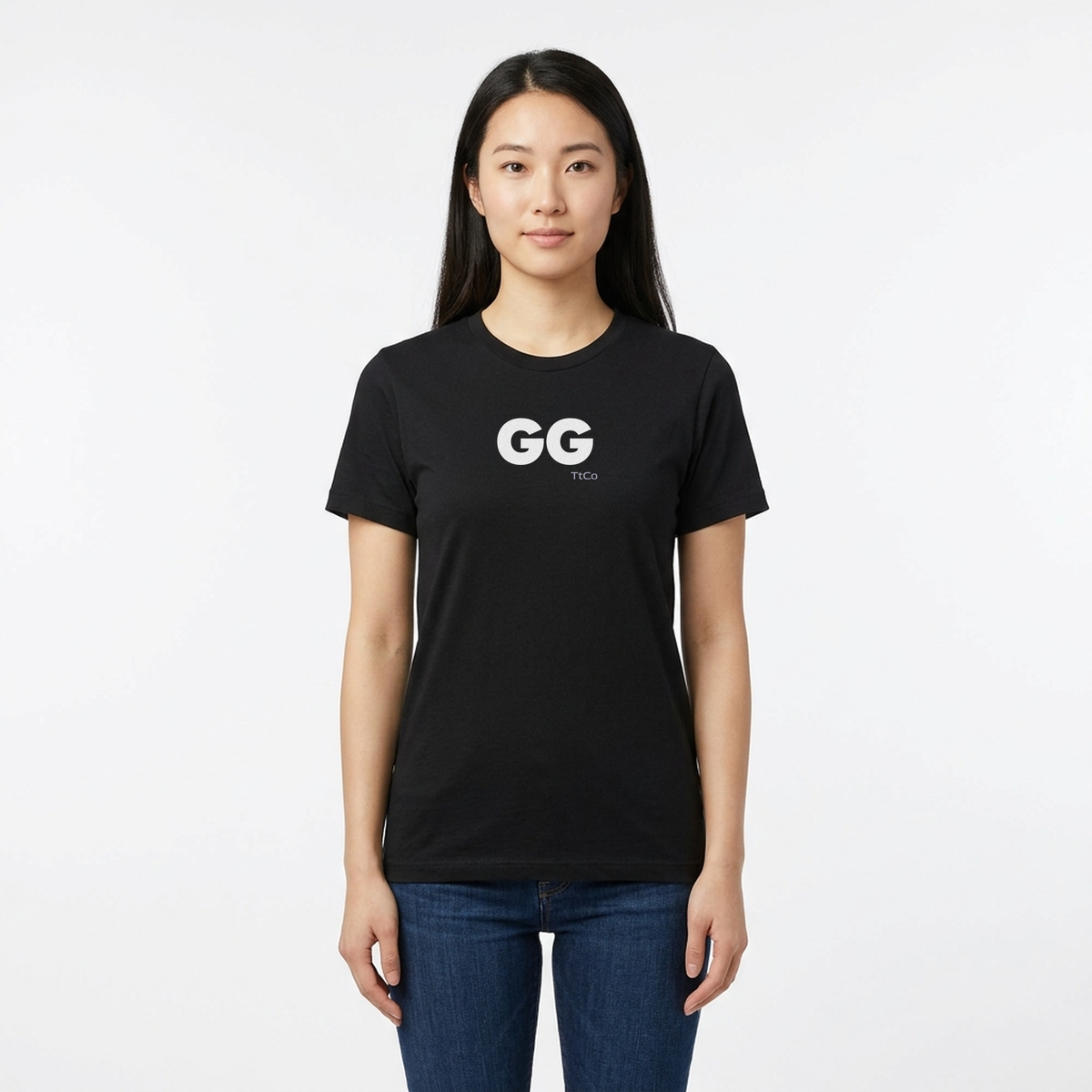 Hana wearing the GG T-shirt from TtCo with the design centered on the front.