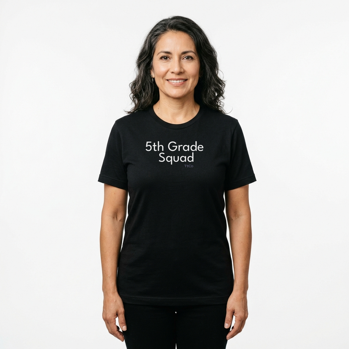Marina wearing the 5th Grade Squad T-shirt from TtCo with the design centered on the front.