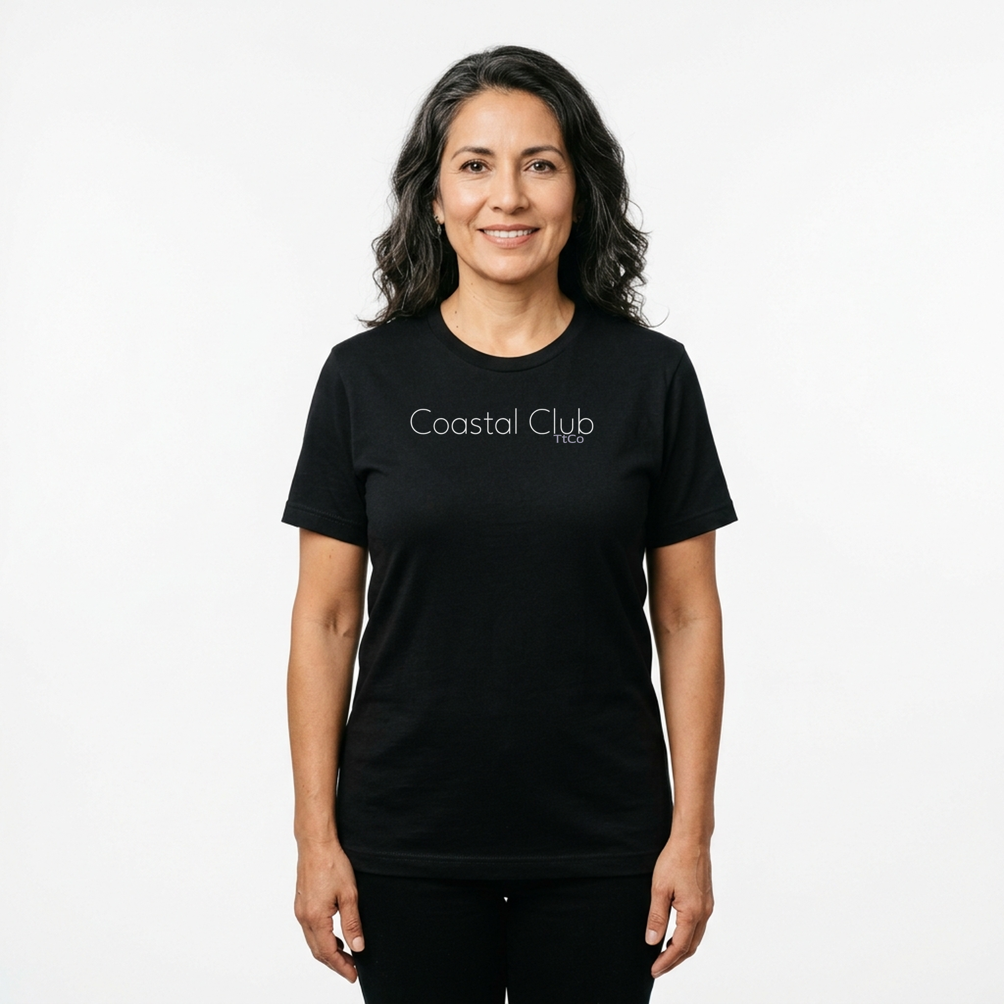 Marina wearing the Coastal Club T-shirt from TtCo with the design centered on the front.