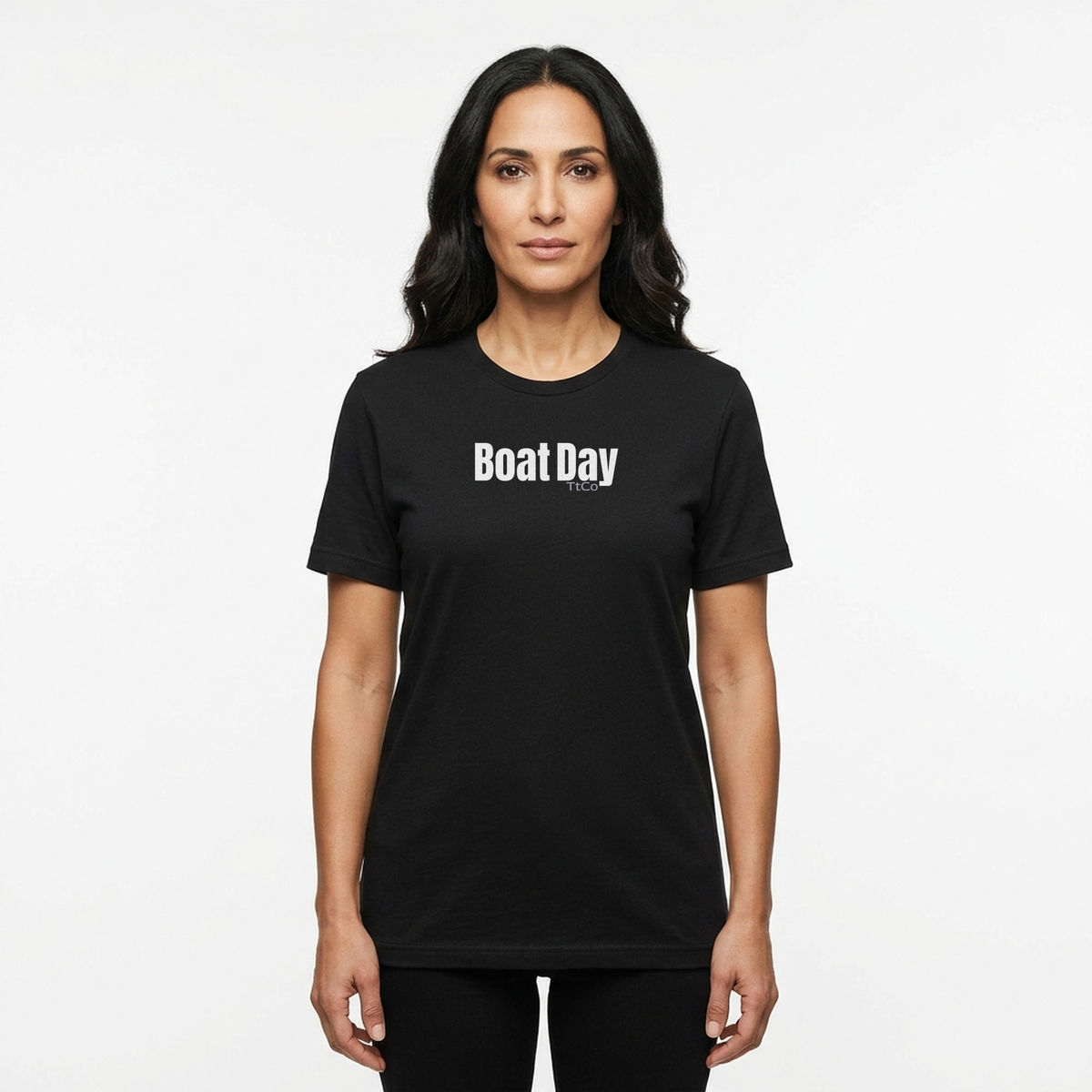 Nadia wearing the Boat Day T-shirt from TtCo with the design centered on the front.