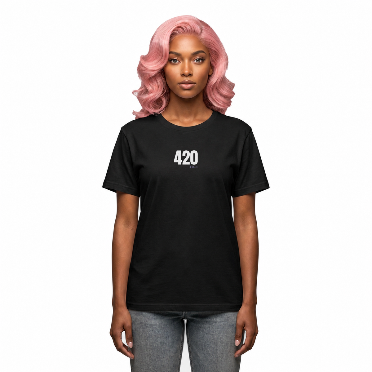 Skye wearing the 420 T-shirt from TtCo with the design centered on the front.