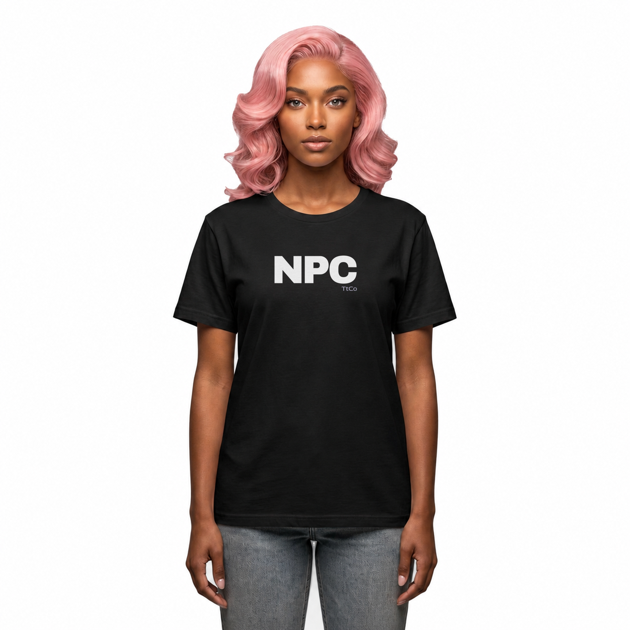 Skye wearing the NPC T-shirt from TtCo with the design centered on the front.
