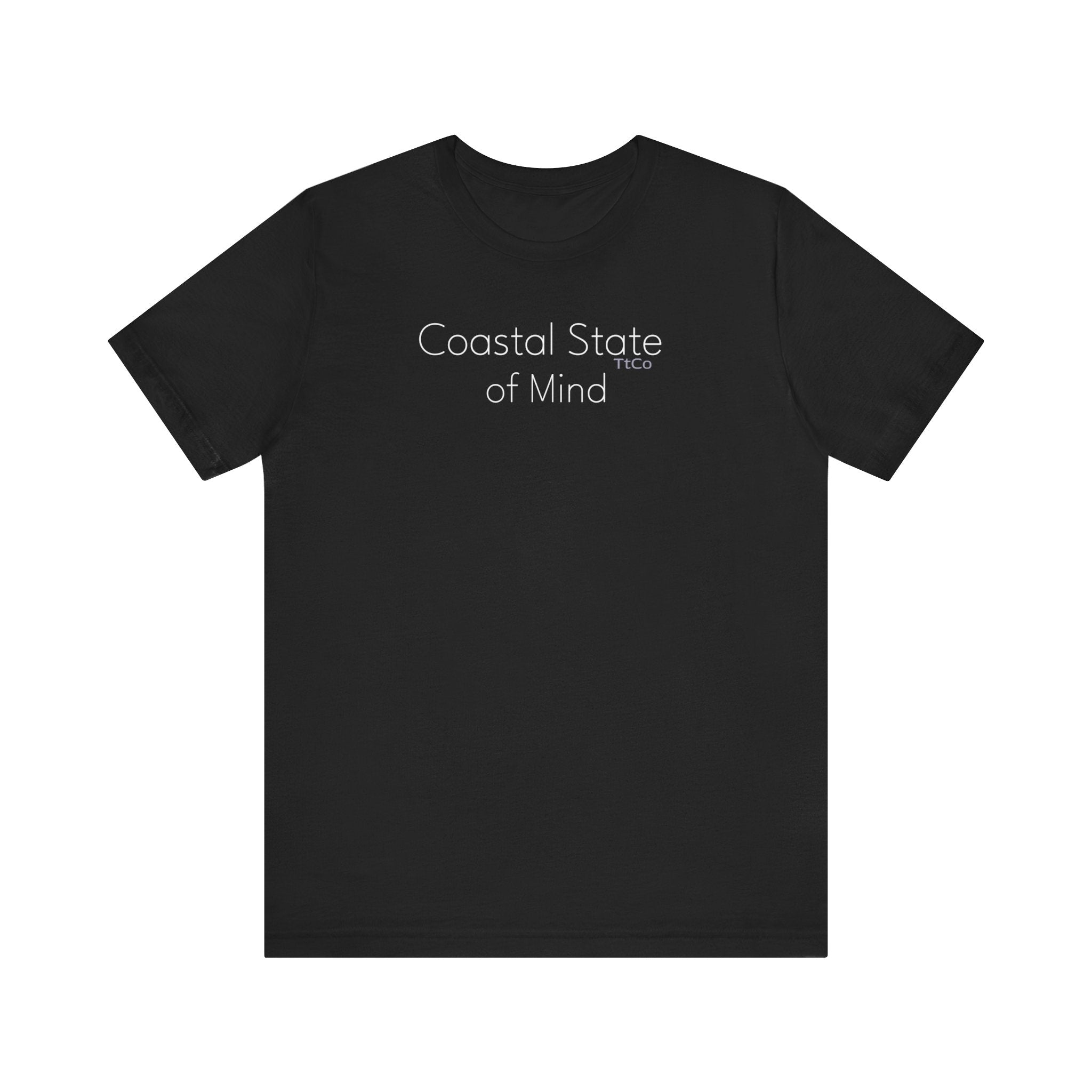 Black t-shirt printed with white 'Coastal State of Mind' text, displayed against a white background. TtCo