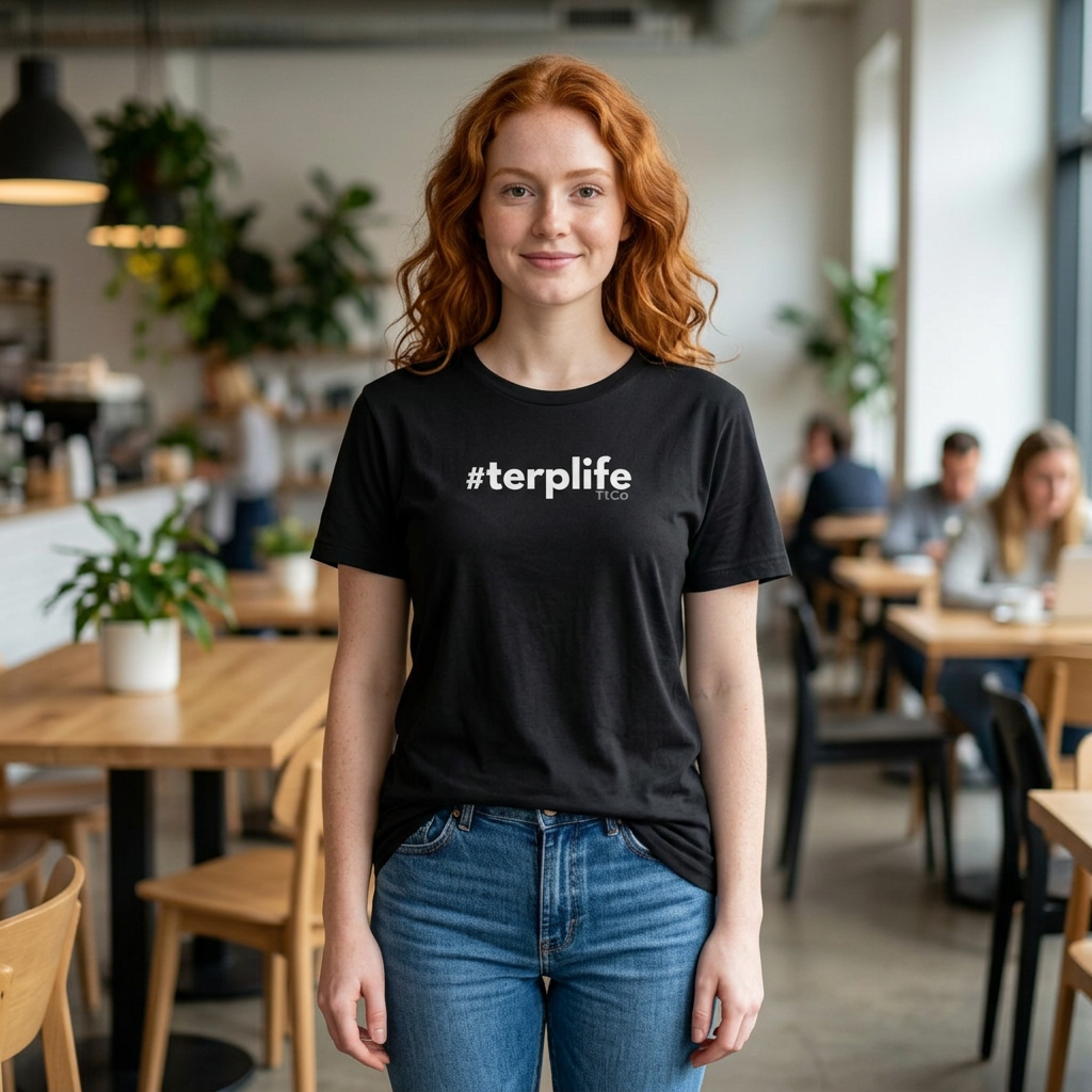 A woman with red hair stands in a cafe wearing a black t-shirt with the white text '#terplife' on the chest and blue jeans. TtCo