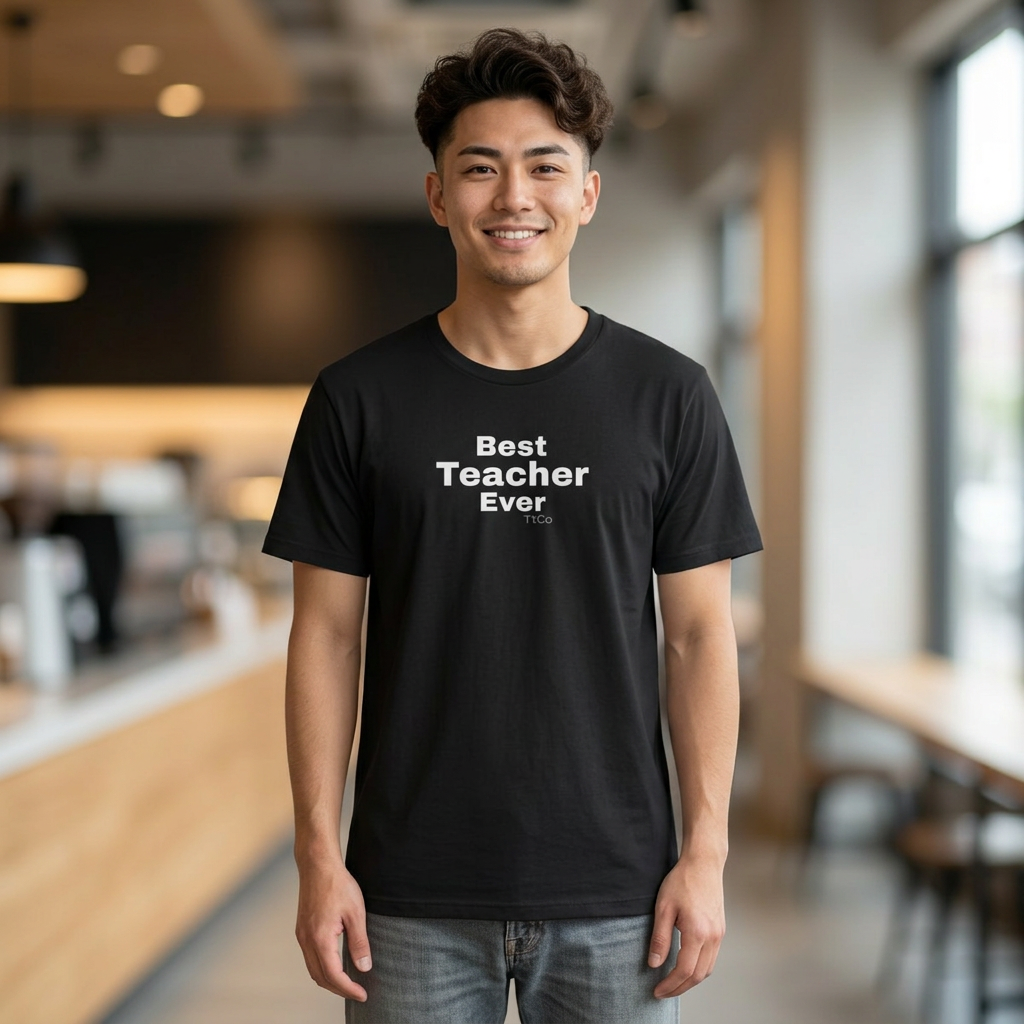 A smiling man wearing a black short-sleeve t-shirt with the white printed text 'Best Teacher Ever' on the chest, standing in a brightly lit, modern indoor cafe. TtCo