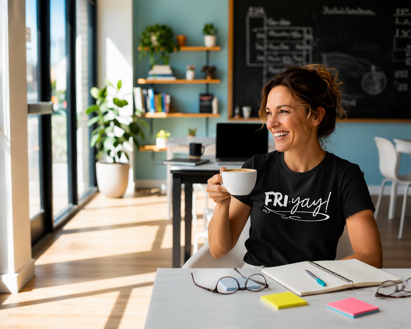 Woman wearing a black TtCo | Fri-Yay! t-shirt holding a coffee cup in an office setting with a blackboard and shelves in the background.