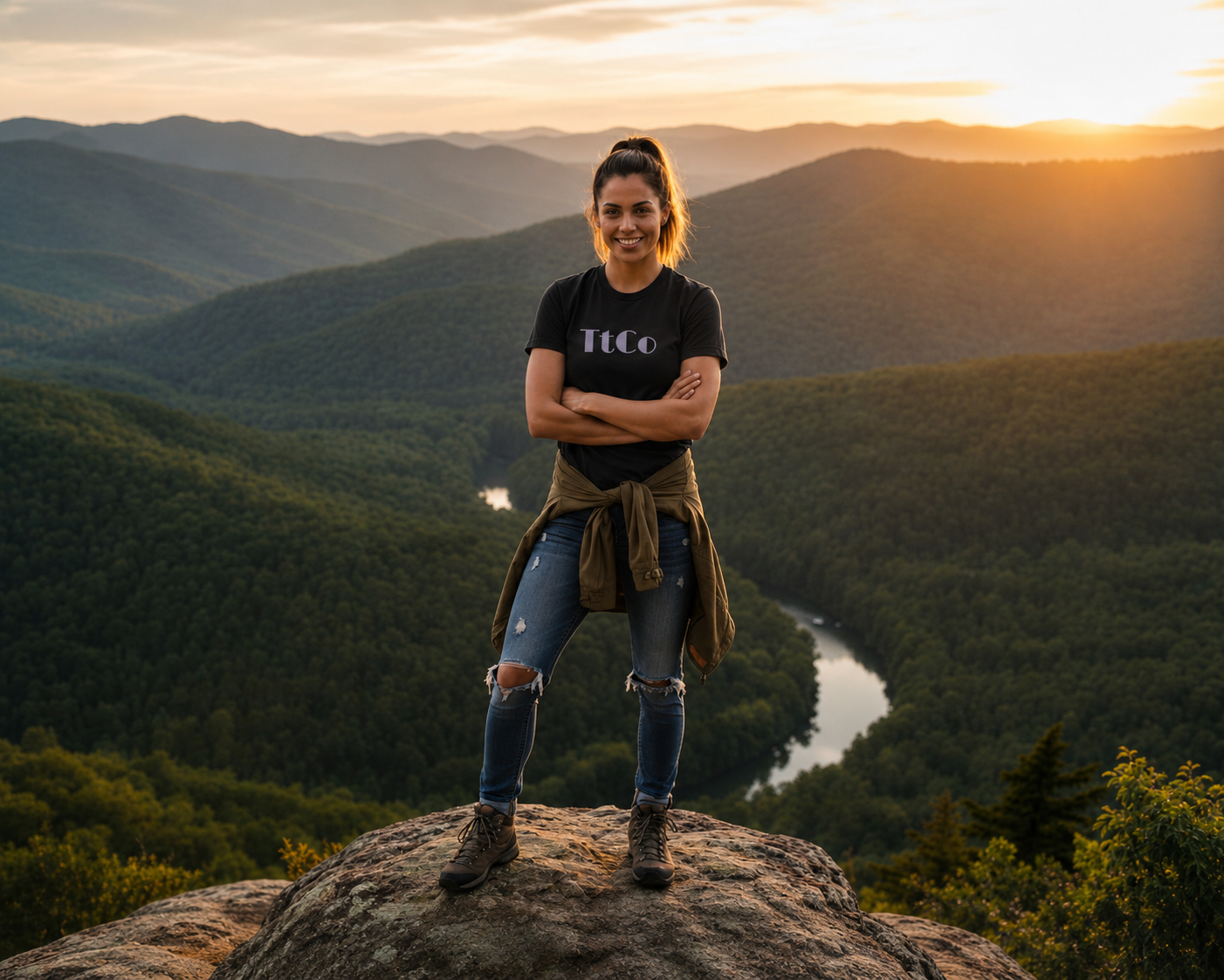 Woman wearing a black TtCo | Series 1 - Signature Tee standing on a rocky outcrop with a scenic view of mountains and a river at sunset.