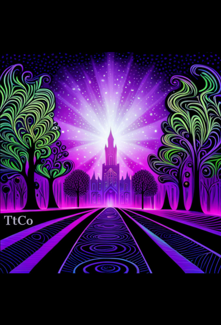TtCo Winter Celebration A vibrant colorful graphic image showing a mansion at night framed by trees on each side and a burst of purple and white light in the background