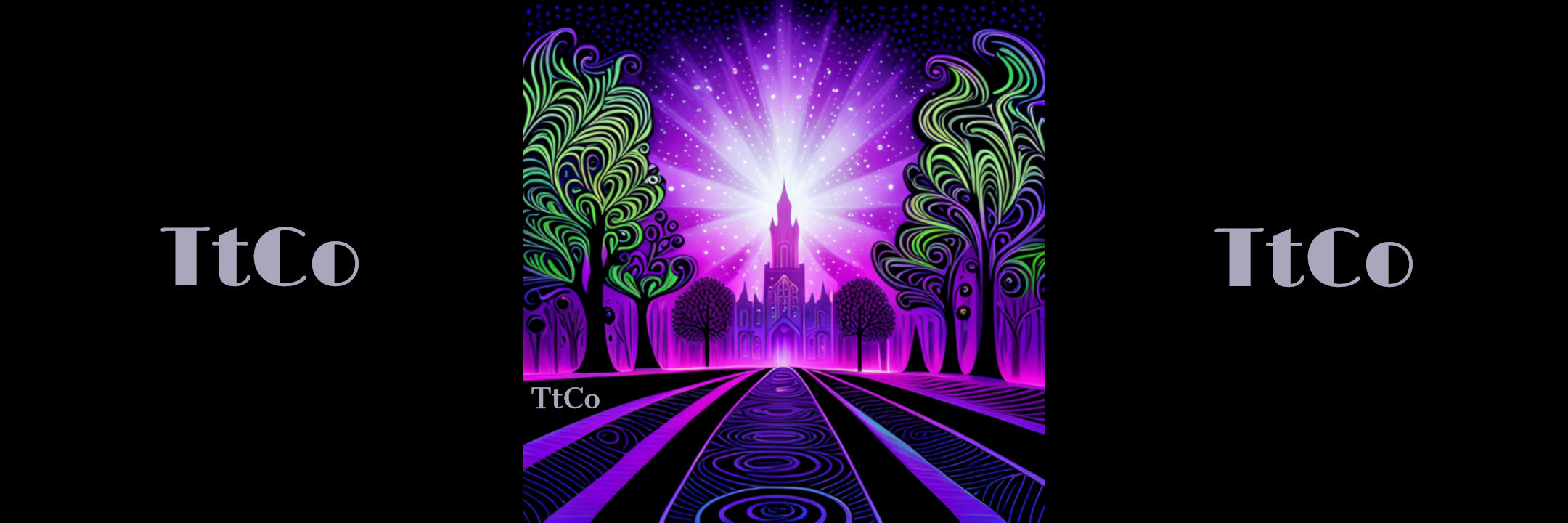Magical forest scene with glowing trees and a castle, featuring the brand 'TtCo' on a black background.