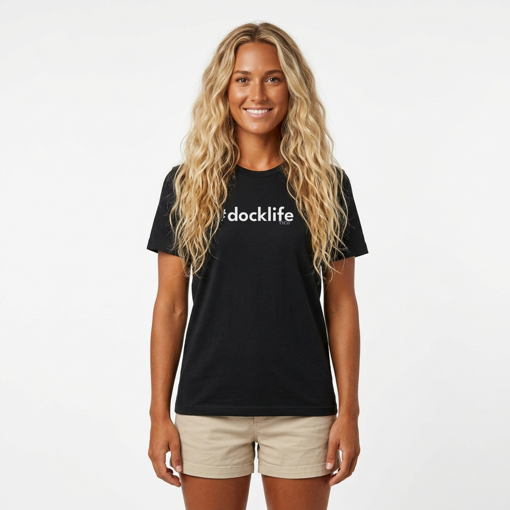 Anna wearing the #DockLife T-shirt from TtCo with the design centered on the front.