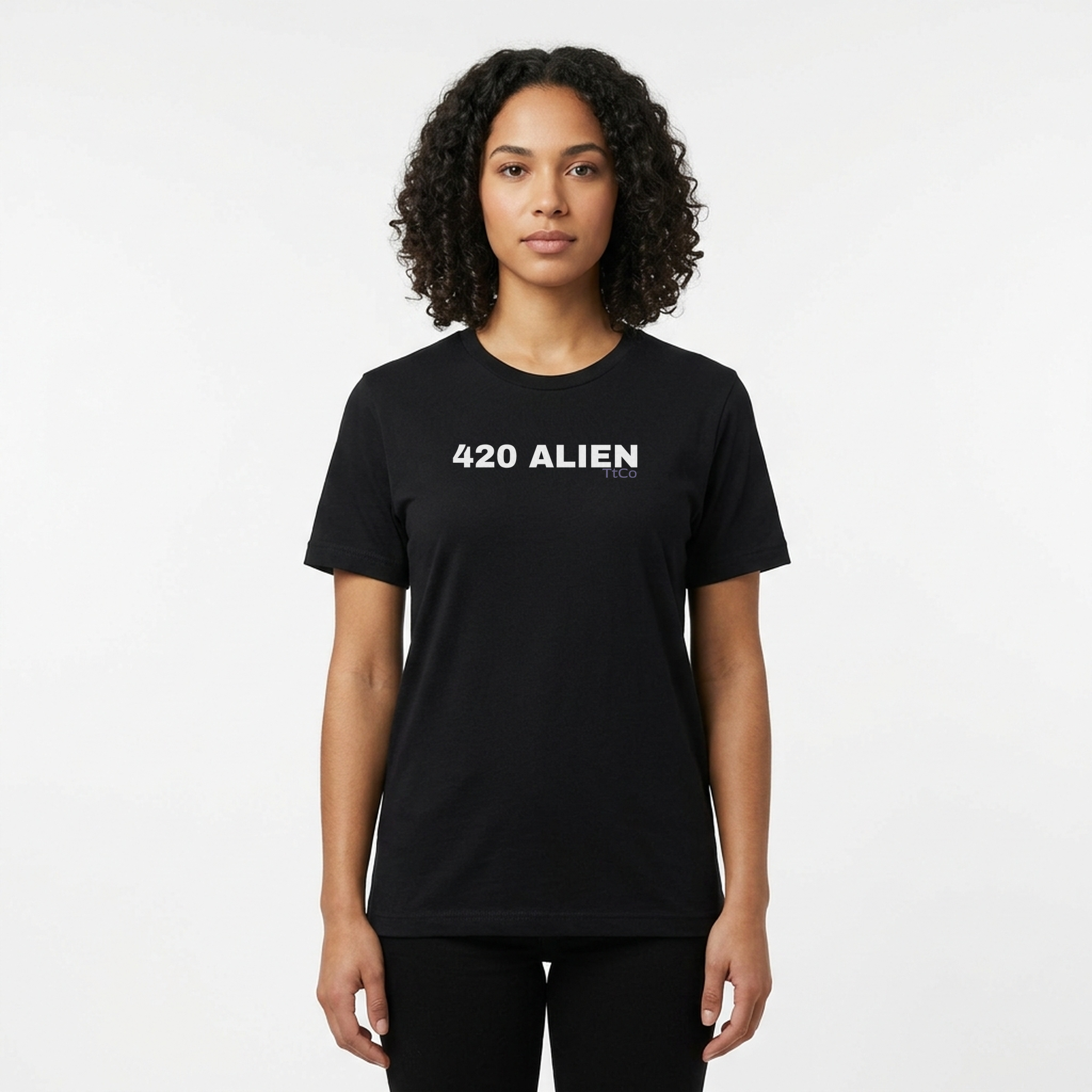 Elena wearing the 420 Alien T-shirt from TtCo with the design centered on the front.