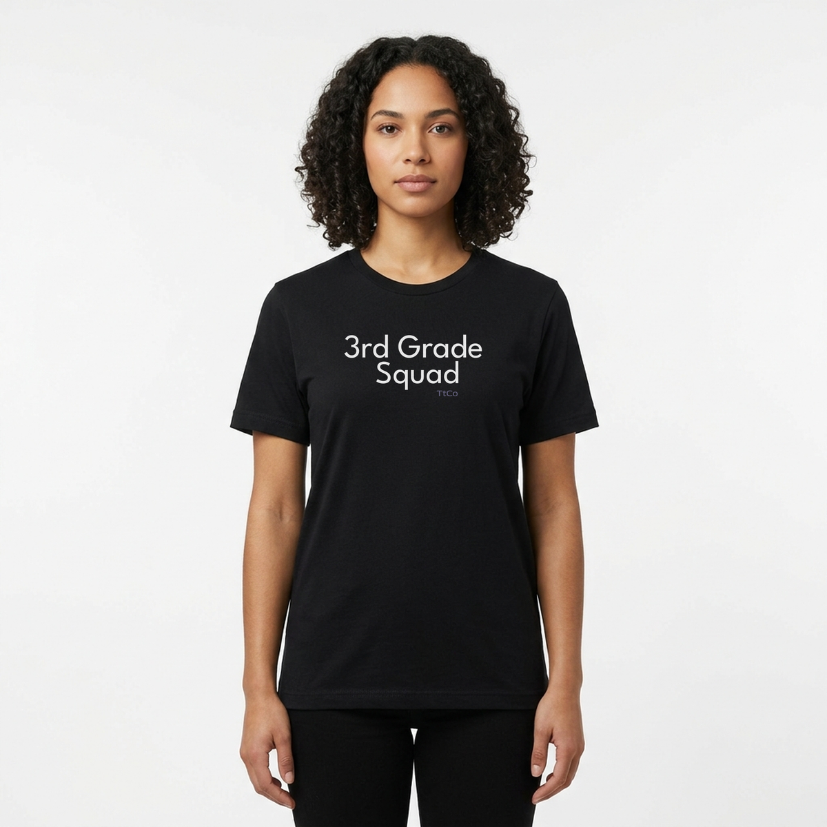 Elena wearing the 3rd Grade Squad T-shirt from TtCo with the design centered on the front.