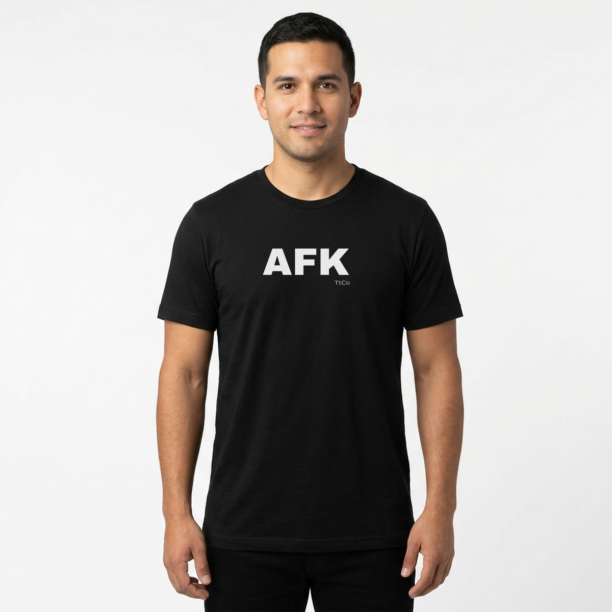 Luis wearing a black Bella Canvas short-sleeve AFK gaming T-shirt from TtCo.