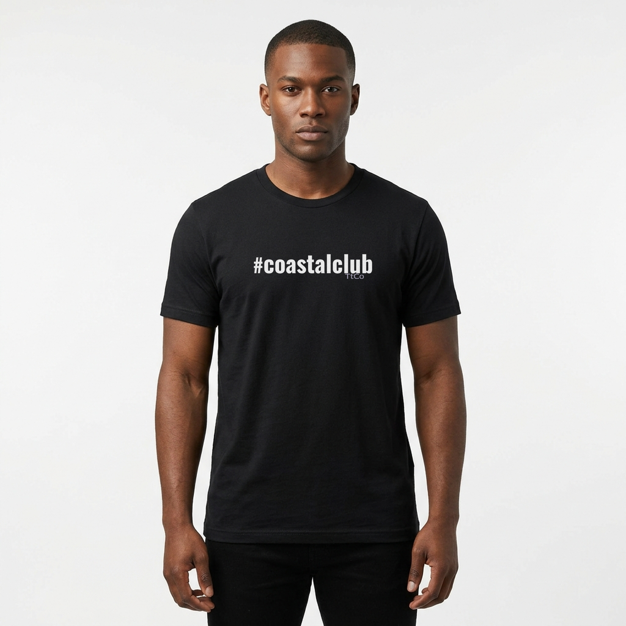 Marcus wearing the #CoastalClub T-shirt from TtCo with the design centered on the front.