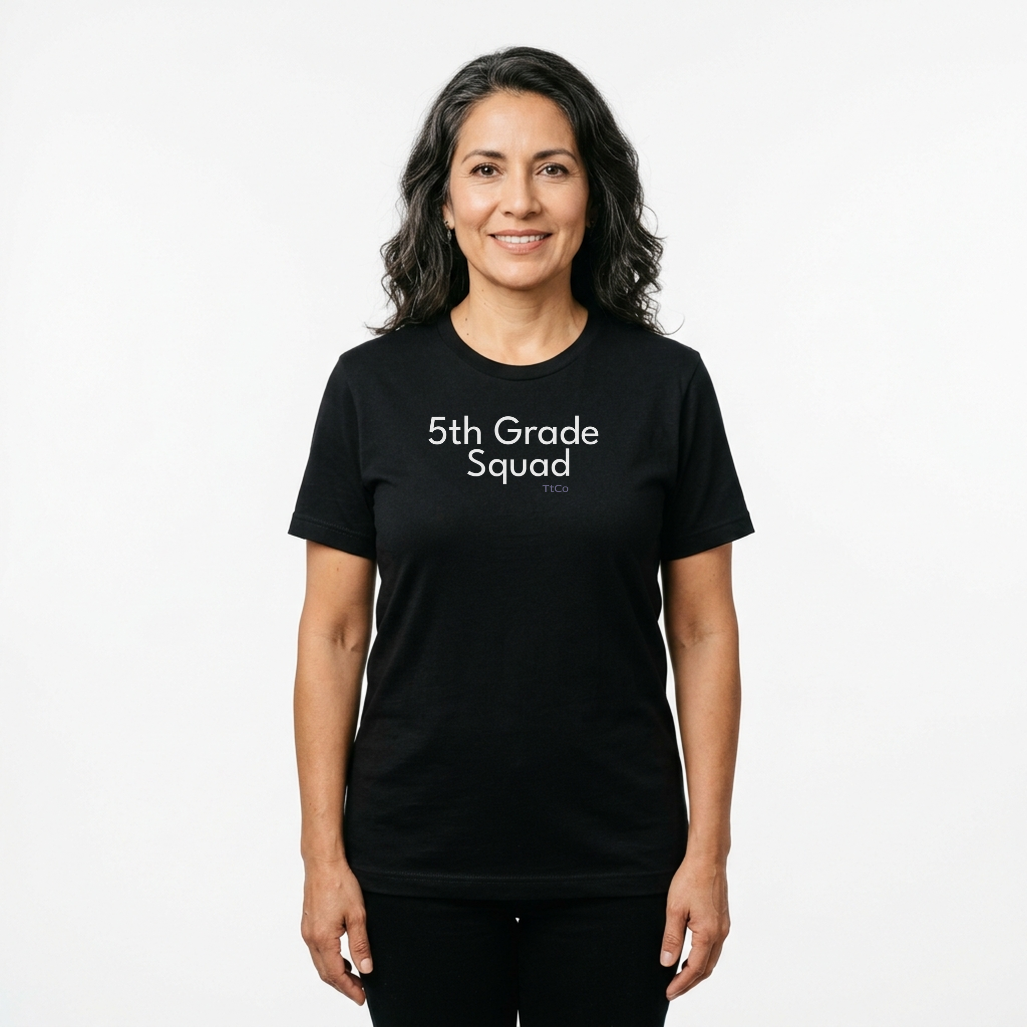 Marina wearing the 5th Grade Squad T-shirt from TtCo with the design centered on the front.