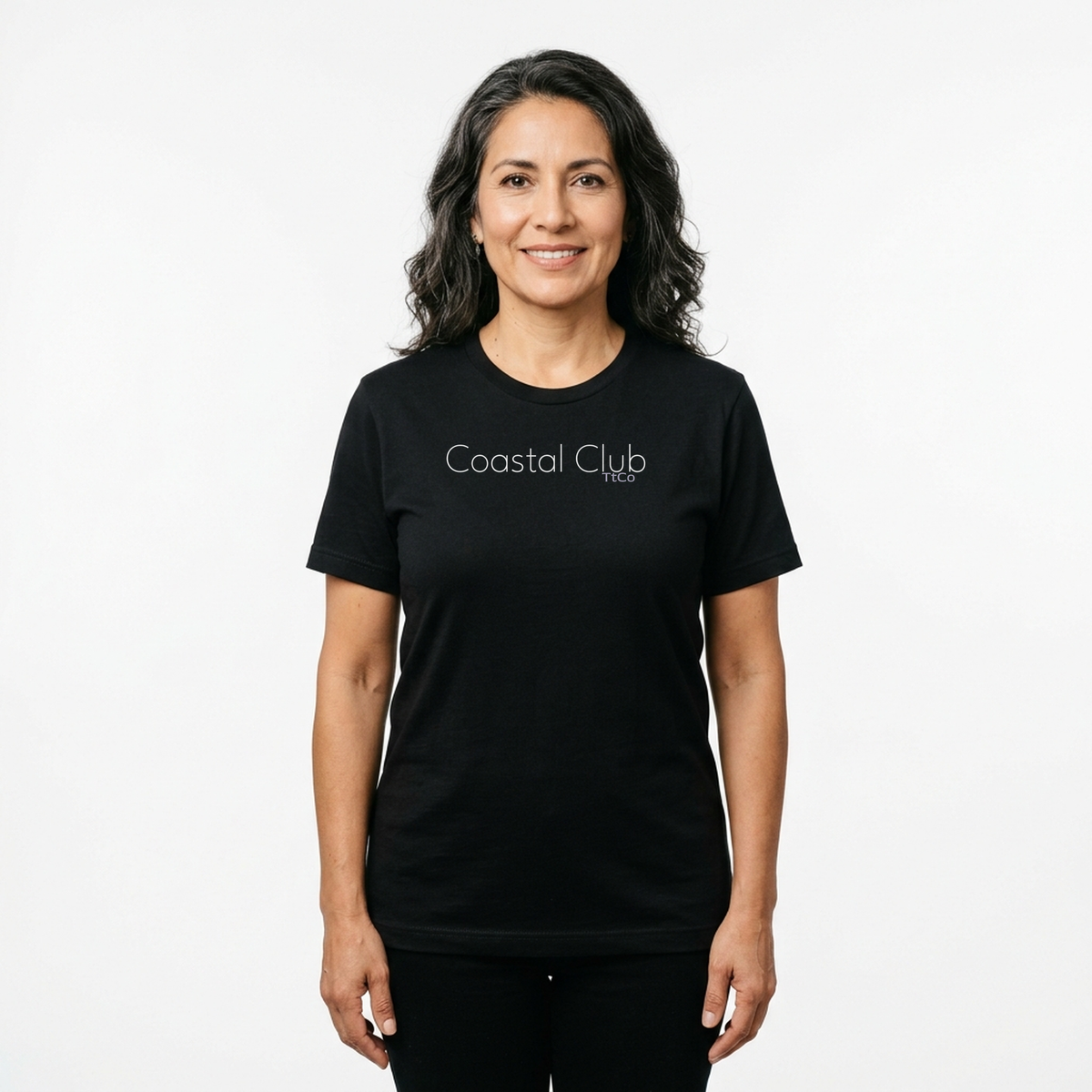 Marina wearing the Coastal Club T-shirt from TtCo with the design centered on the front.
