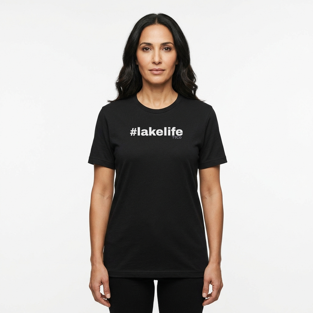 Nadia wearing the #LakeLife T-shirt from TtCo with the design centered on the front.