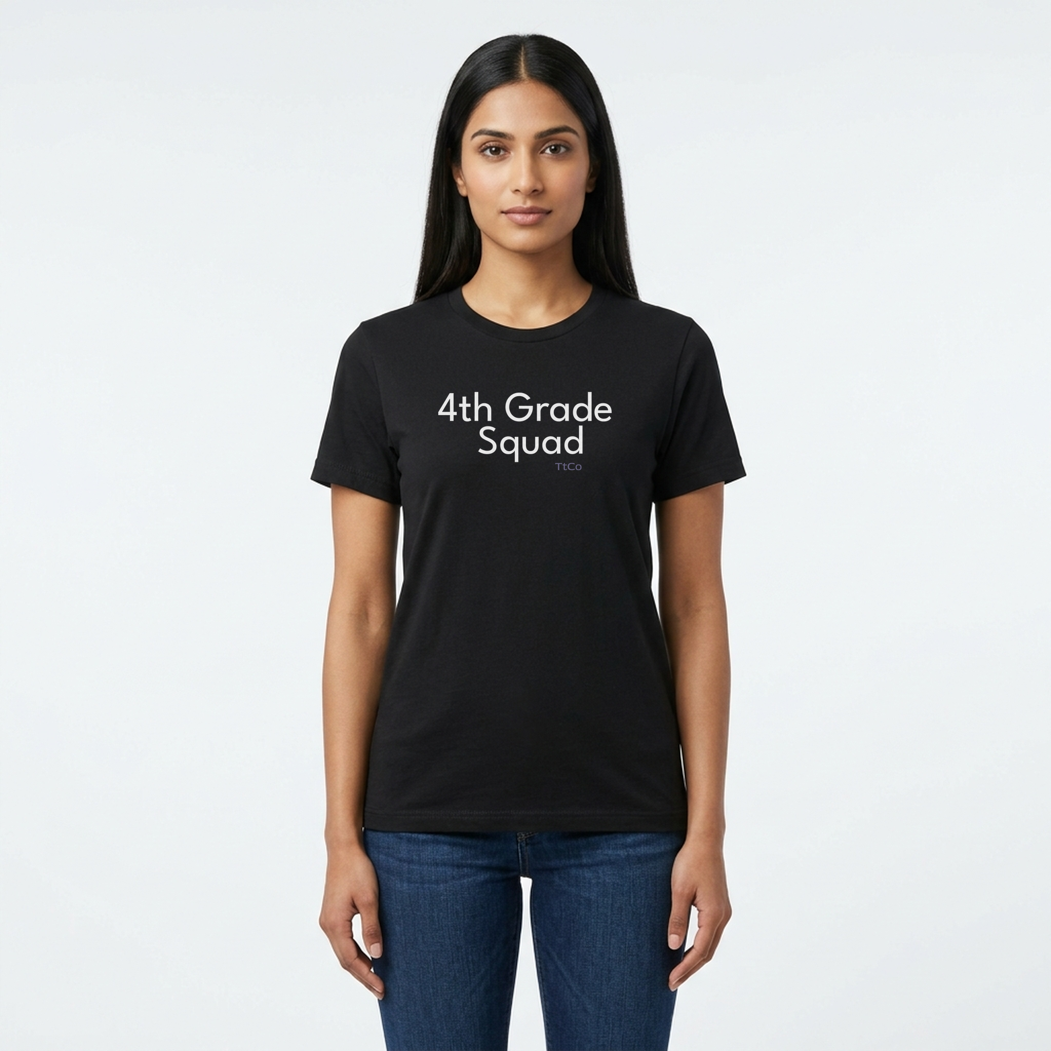 Priya wearing the 4th Grade Squad T-shirt from TtCo with the design centered on the front.