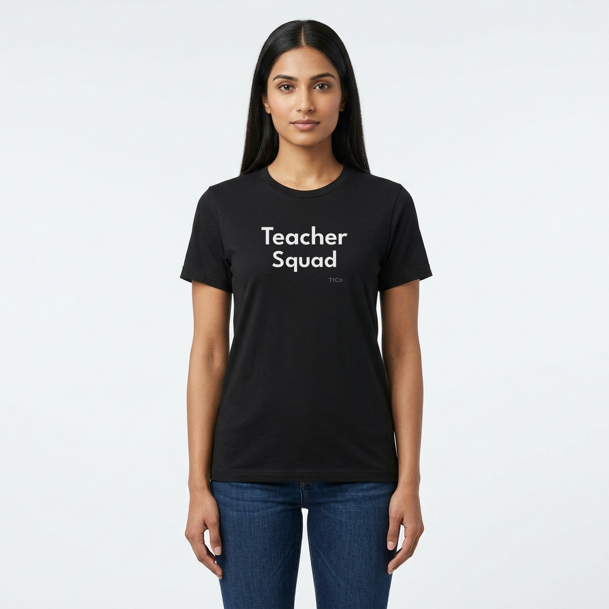 Priya wearing the Teacher Squad T-shirt from TtCo with the design centered on the front.