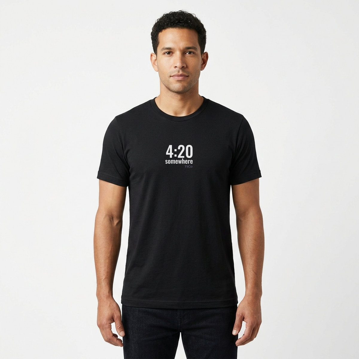 Rafael wearing the 420 Somewhere T-shirt from TtCo with the design centered on the front.