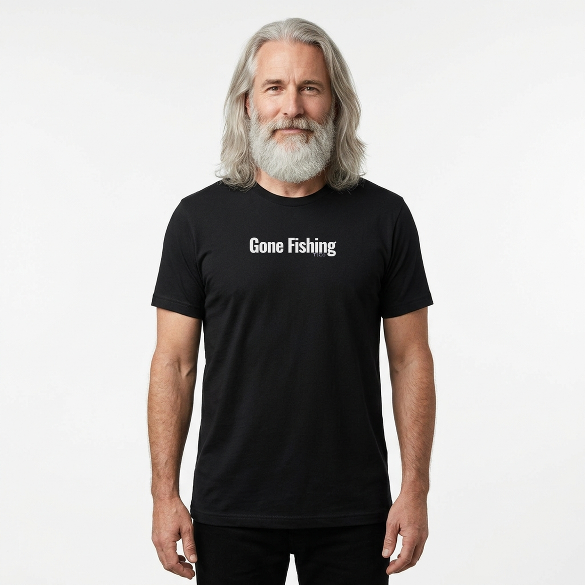 Rowan wearing the Gone Fishing T-shirt from TtCo with the design centered on the front.