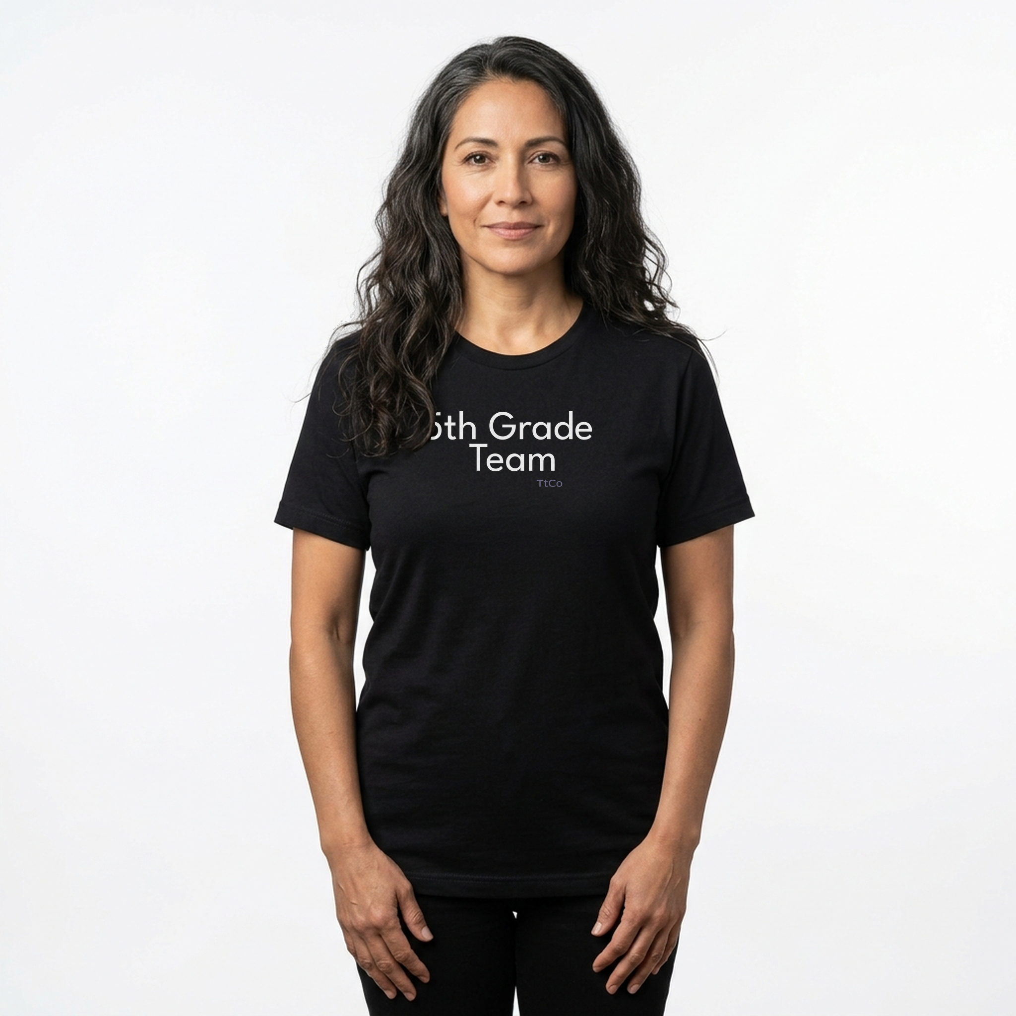 Talia wearing the 5th Grade Team T-shirt from TtCo with the design centered on the front.