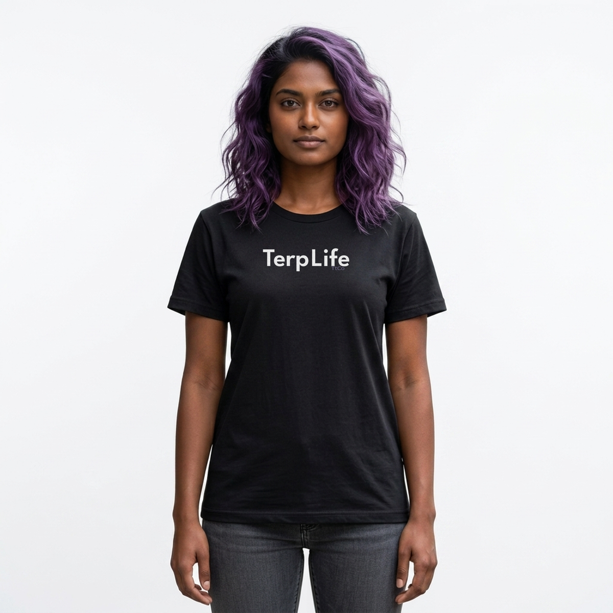 Zara wearing the Terp Life T-shirt from TtCo with the design centered on the front.