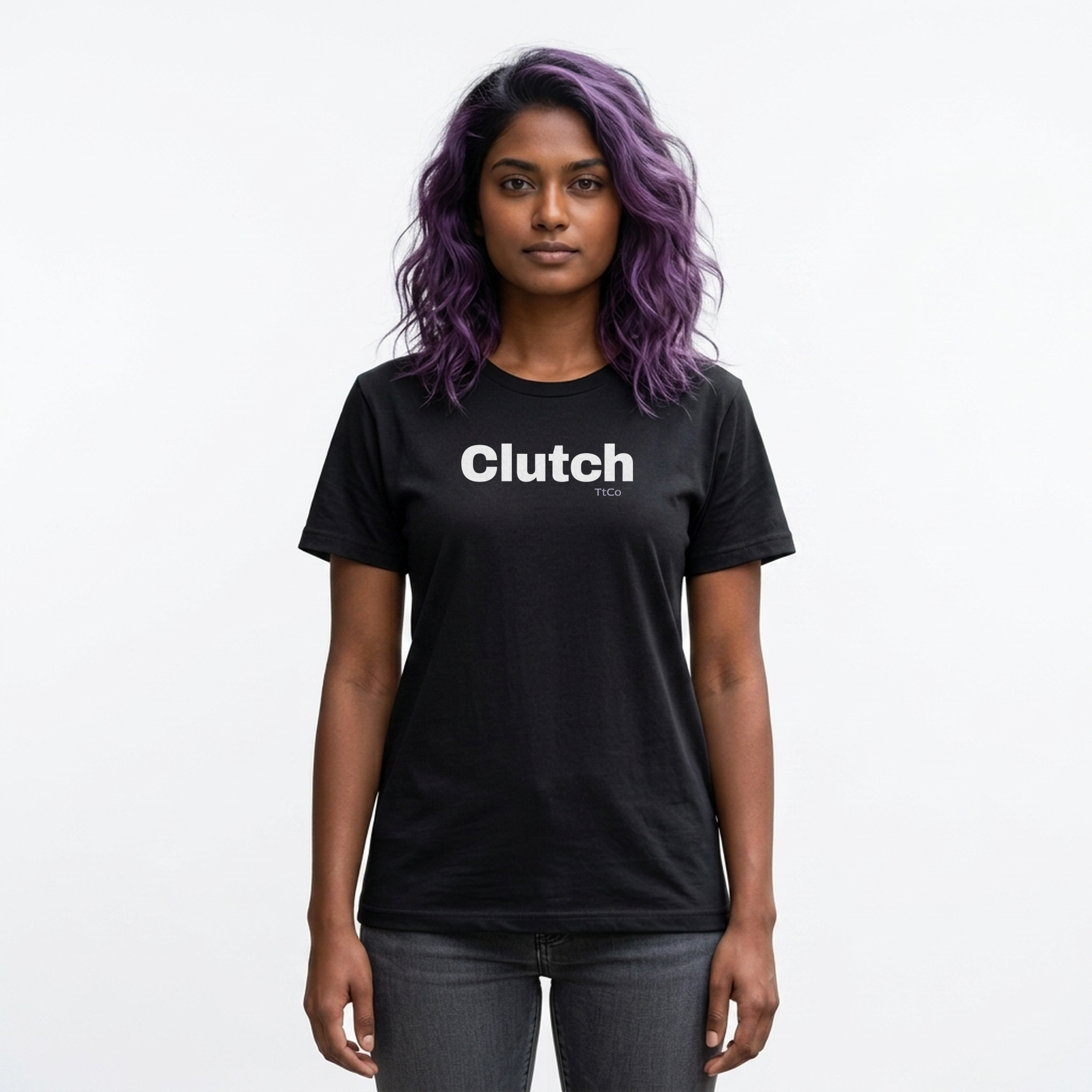 Zara wearing the Clutch T-shirt from TtCo with the design centered on the front.