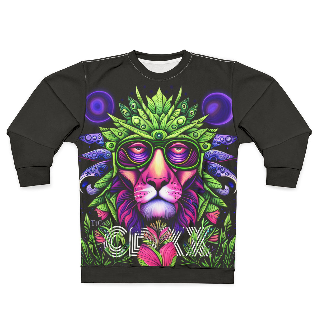 Front of a black sweatshirt featuring TtCo Sleepy Lion artwork, against a white background. TtCo