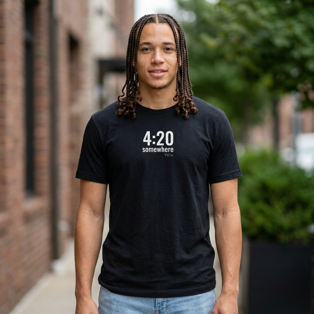 A man with long braids stands outdoors wearing a black t-shirt with white text that reads '4:20 somewhere' and light blue jeans. The background shows a blurred brick building and greenery. TtCo