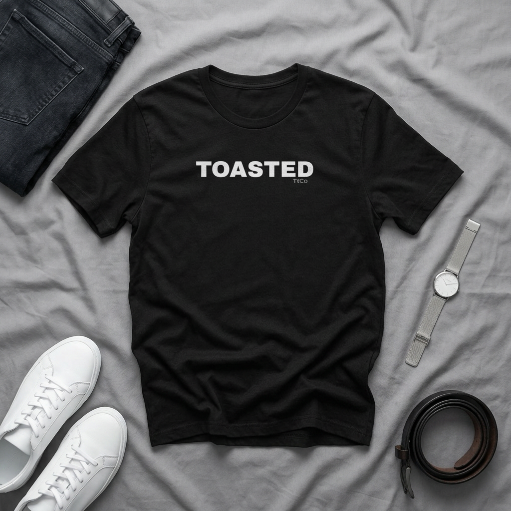 A black short-sleeve T-shirt with 'TOASTED' printed in white across the chest, styled in a flat lay on a gray fabric background with jeans, white sneakers, a watch, and a belt. TtCo