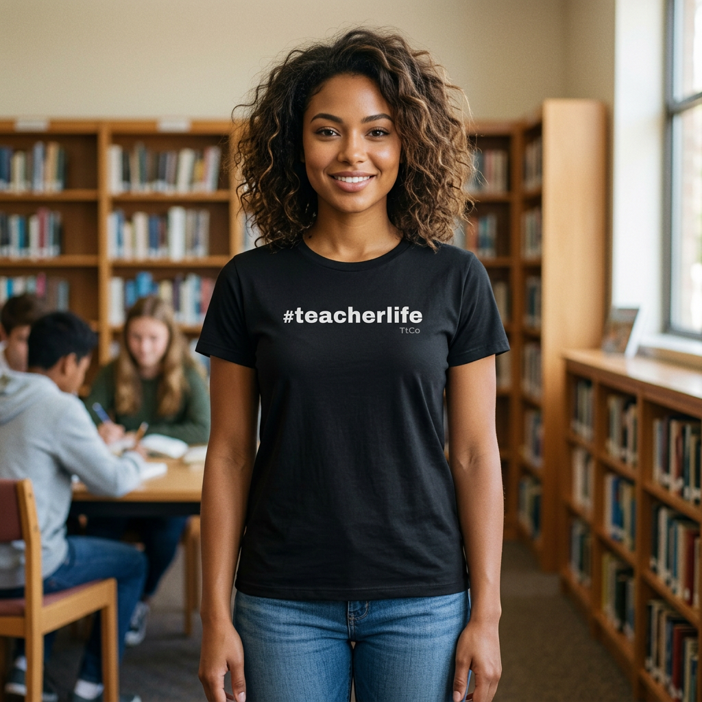 A smiling woman with curly hair stands in a library wearing a black t-shirt with the white text '#teacherlife' and 'TtCo' below it, paired with blue jeans. Bookshelves and students are blurred in the background.