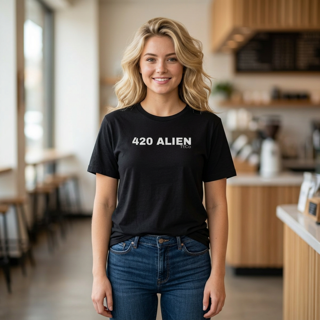A smiling blonde woman stands in a cafe wearing a black short-sleeve t-shirt with '420 ALIEN' printed in white across the chest, paired with blue jeans. TtCo