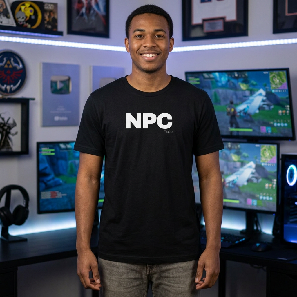 A smiling man wearing a black t-shirt with 'NPC' printed in white across the chest, standing in a gaming room with multiple computer monitors and framed posters on the wall. TtCo