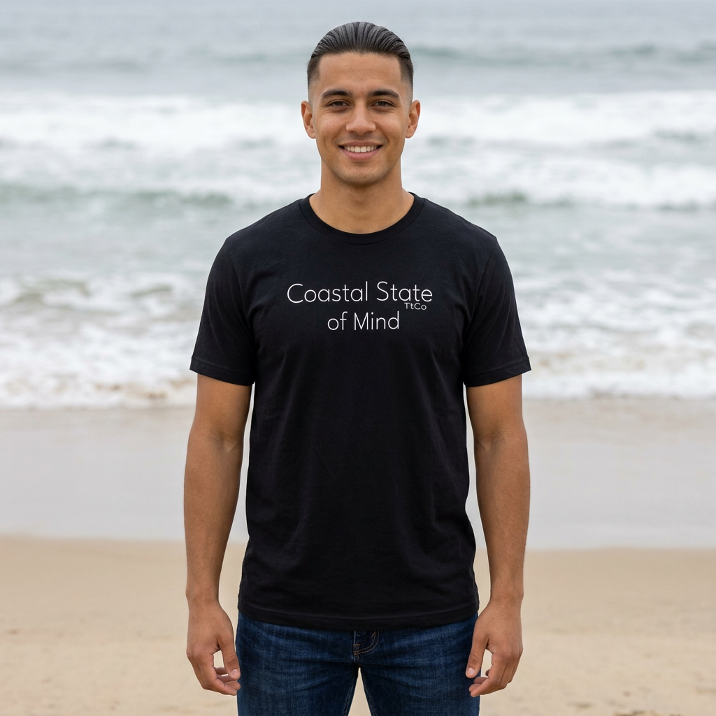 A man standing on a sandy beach wearing a black t-shirt with the white printed text 'Coastal State of Mind' on the chest, paired with blue jeans. TtCo