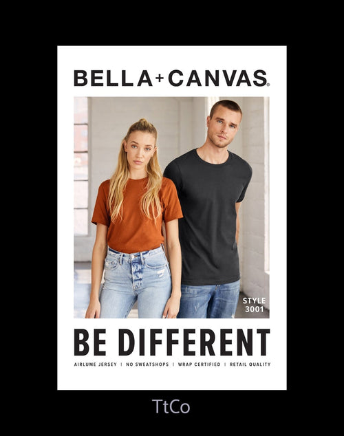 A man and a woman modeling Bella+Canvas short-sleeve crew-neck t-shirts. The woman wears a rust orange t-shirt and light-wash jeans, while the man wears a black t-shirt and blue jeans.
TiredteacherCo | TtCo