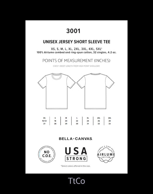 A measurement chart for a Bella Canvas unisex jersey short sleeve tee, showing front and back line drawings of the shirt, chest body measurement points, size tables, and Bella Canvas branding on a white card against a black background. TiredteacherCo | TtCo