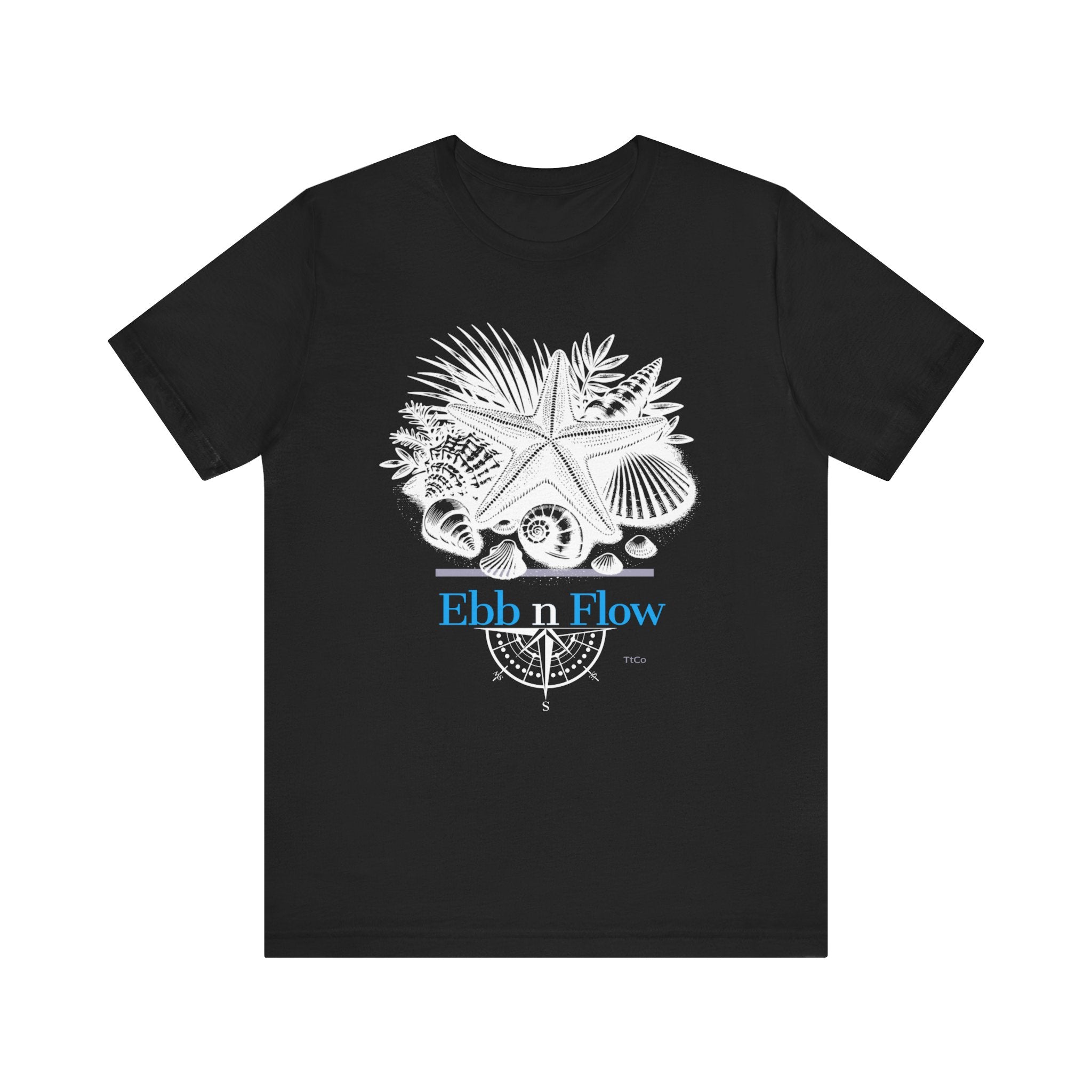 Black t-shirt with white and blue graphic design on a white background