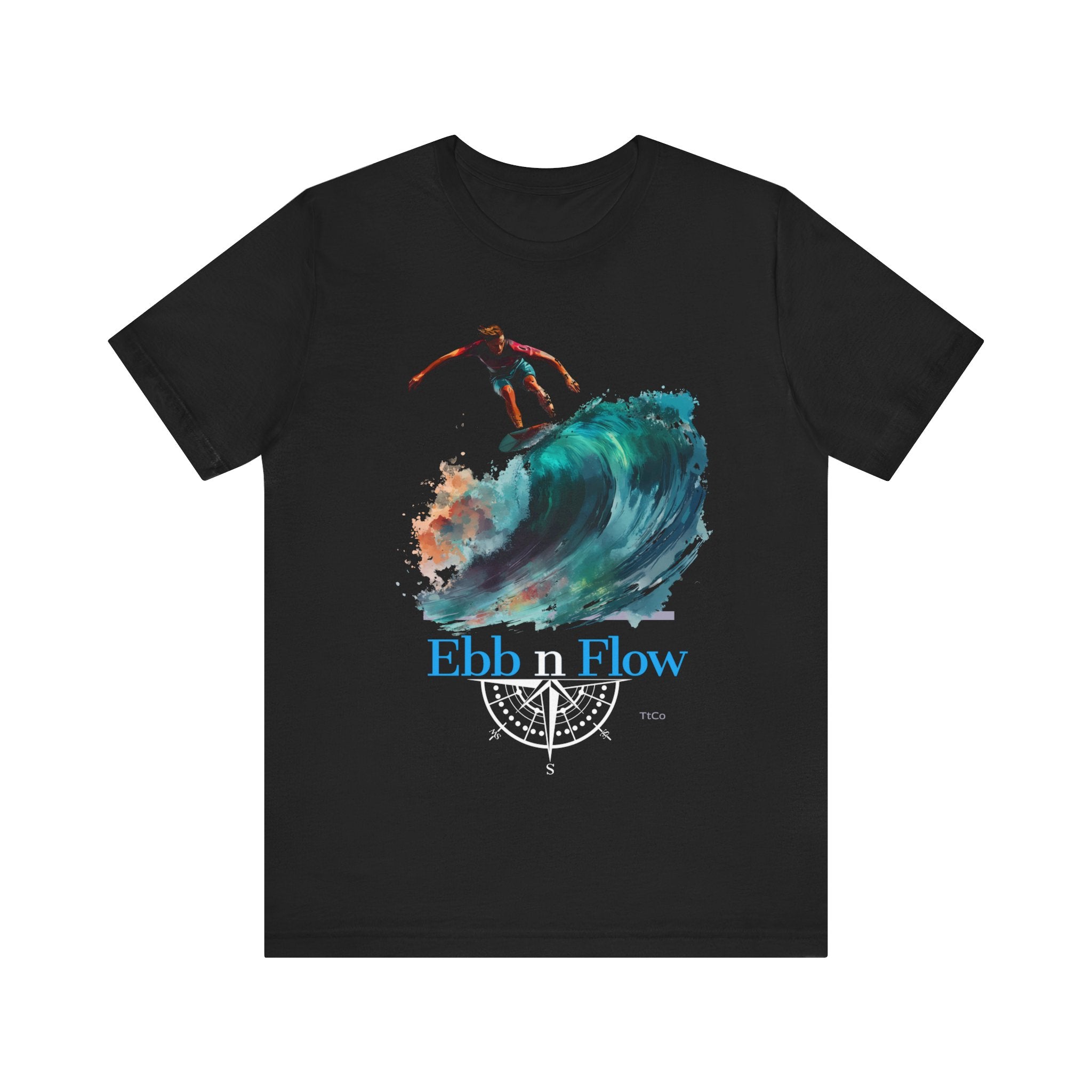 Black t-shirt with a graphic of a surfer on a wave and 'Ebb n Flow' text on a white background