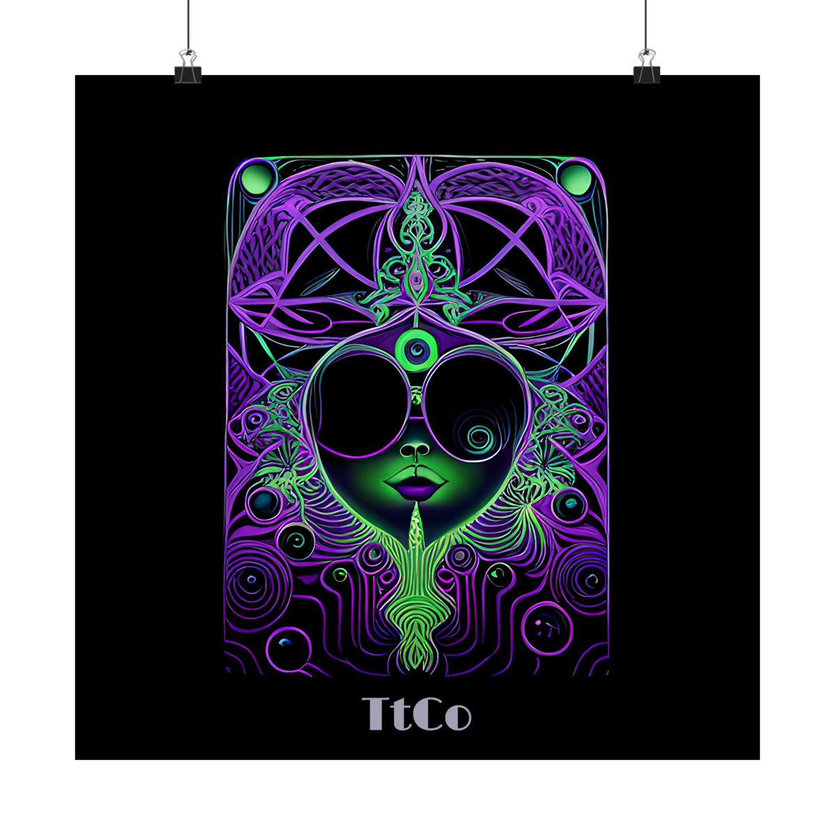 A black poster print hanging against a white wall, featuring a colorful psychedelic face illustration in purple, green, and neon tones, with the text 'TtCo' at the bottom. TtCo | Hello Alice Premium Matte Poster PROOF Ultra Rare