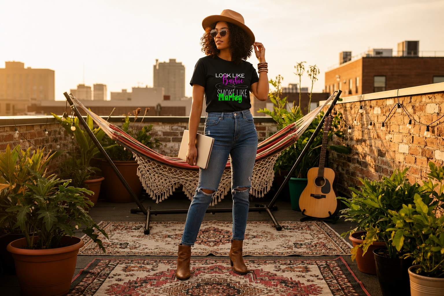 Woman standing on a rooftop wearing a black TtCo | Look like Barbie, Smoke like Marley T-shirt with a hammock, plants, and cityscape in the background. 