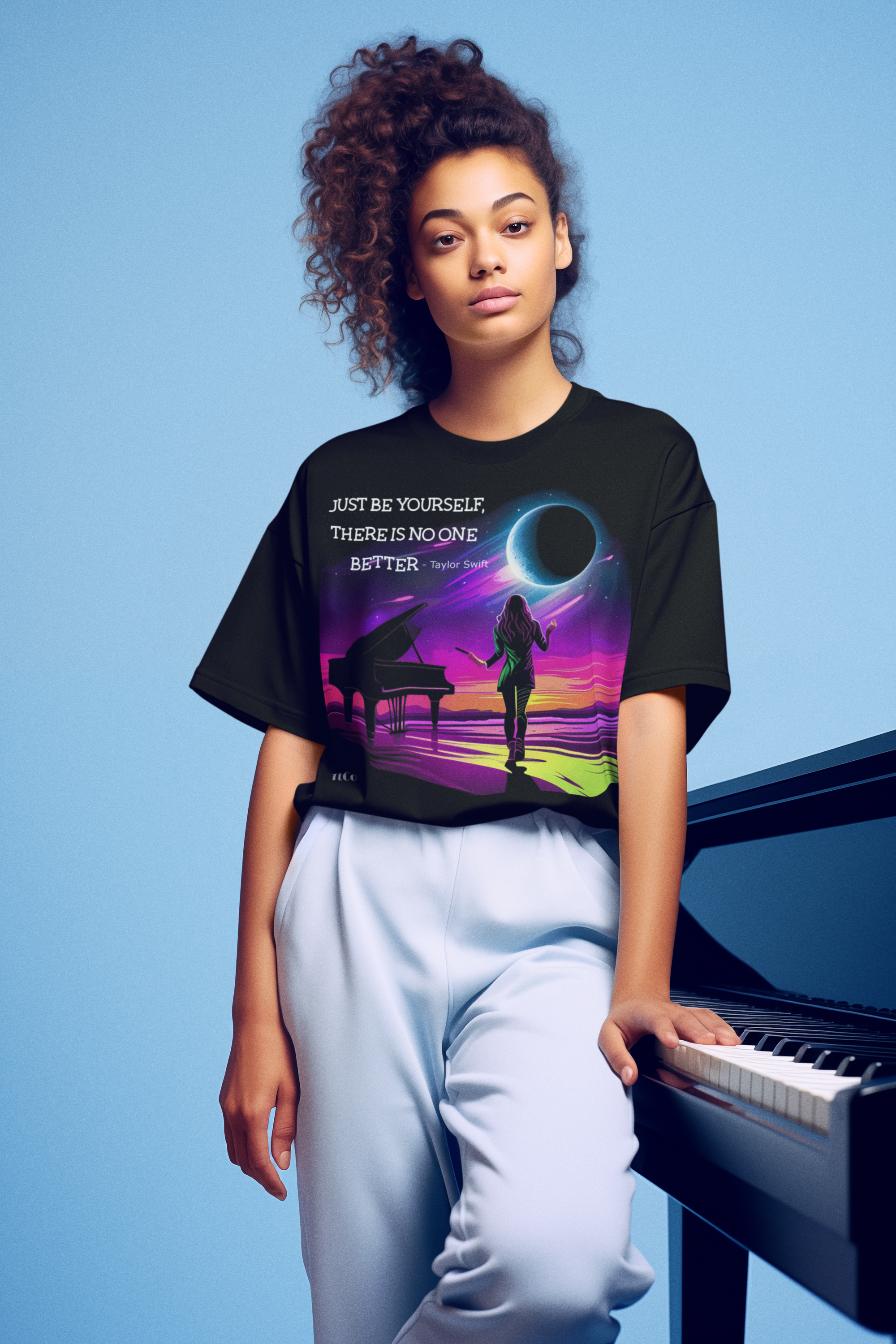 TtCo | Black Short Sleeve Tee - Just Be Yourself with Grand Piano Design